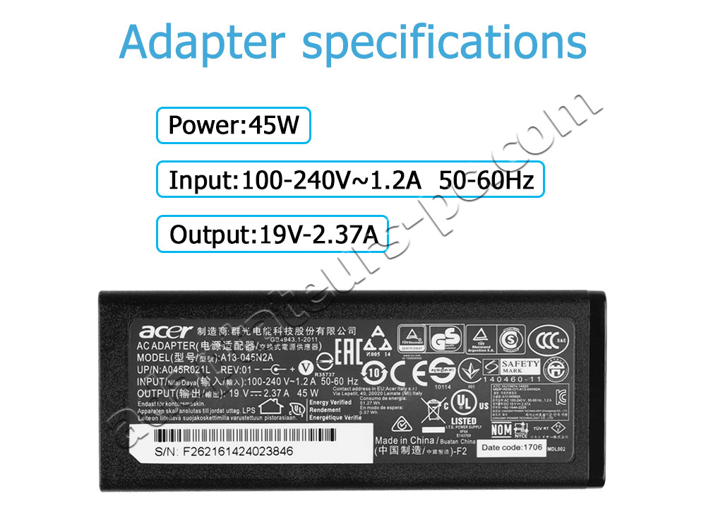 Original 45W Acer Aspire 3 A314-21 AC Adaptateur Chargeur