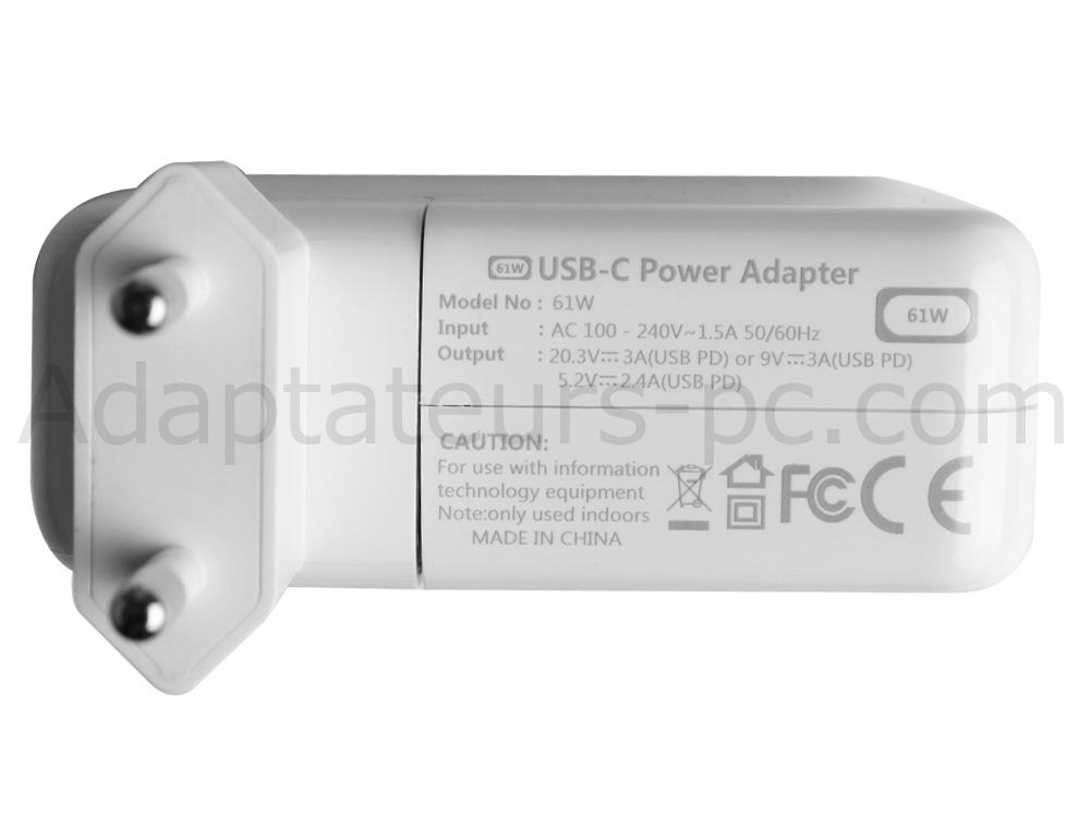 61W USB-C Adaptateur Chargeur - Apple MacBook Pro 13 MPXY2FN/A + Cable