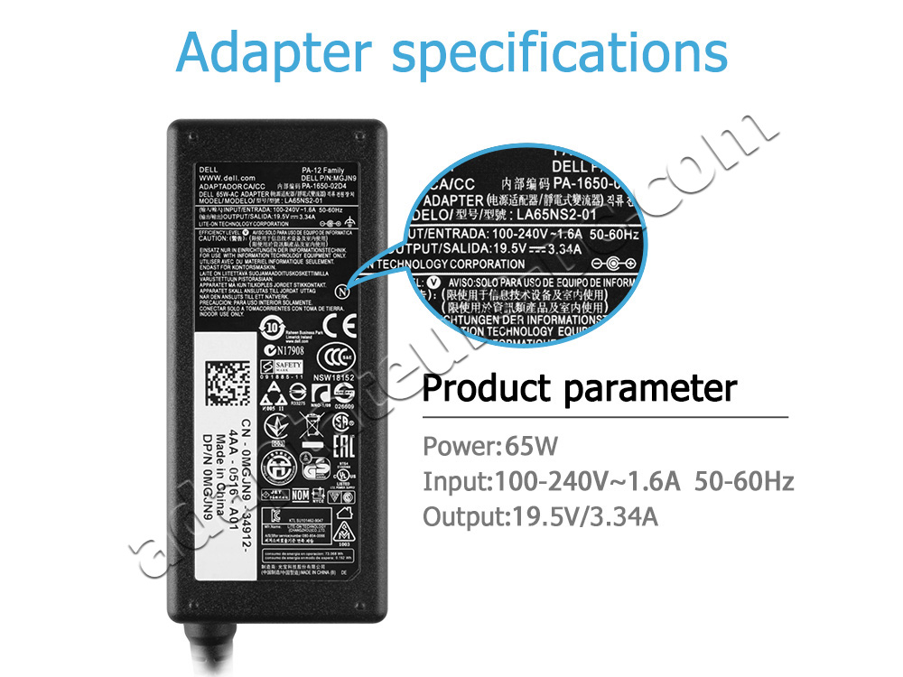 Original 65W Dell Latitude 3320 3420 3520 AC Adaptateur Chargeur