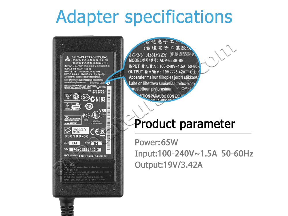 65W AC Adaptateur Chargeur pour Clevo W130EW W130EV W25CSV W25CSW W548KW